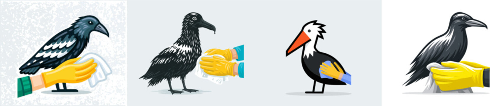 A seabird covered in dark oil is being cleaned by a persons gloved hands with a cloth against a slate grey background