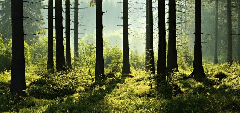 Sun shines through natural spruce forest with morning fog, Harz National Park, Lower Saxony, Germany