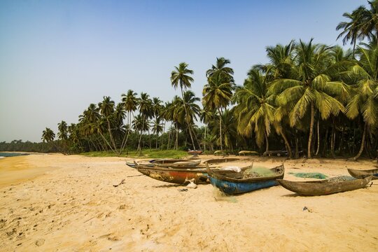Fishing boats on the sandy beach in Neekreen near Buchanan, Liberia