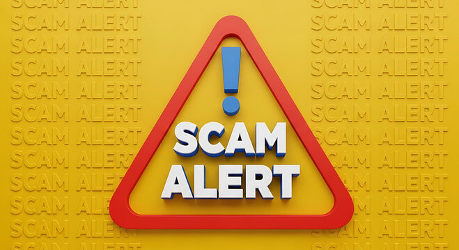 Red triangle warning sign with scam alert text and exclamation mark danger caution
