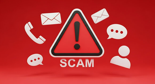 Red warning triangle with exclamation mark and scam text surrounded by communication icons alert danger