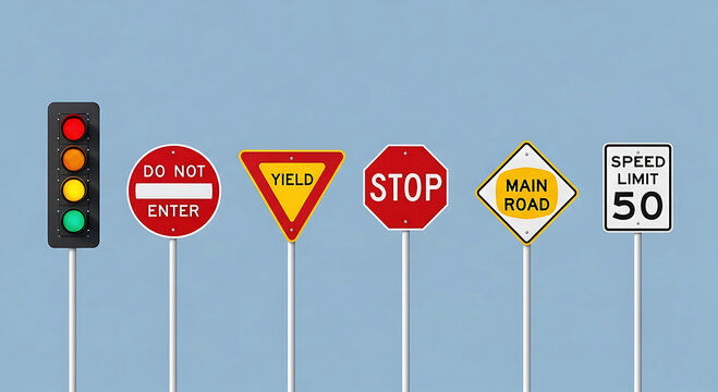 Traffic light and road signs including stop yield do not enter and speed limit signal