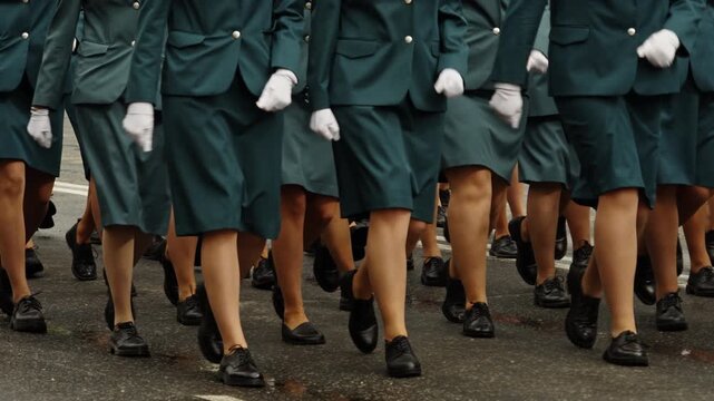 Close-up view of uniformed marchers in green skirts and black shoes stepping in synchronized formation along a wet city street during a parade, emphasizing movement and footwear