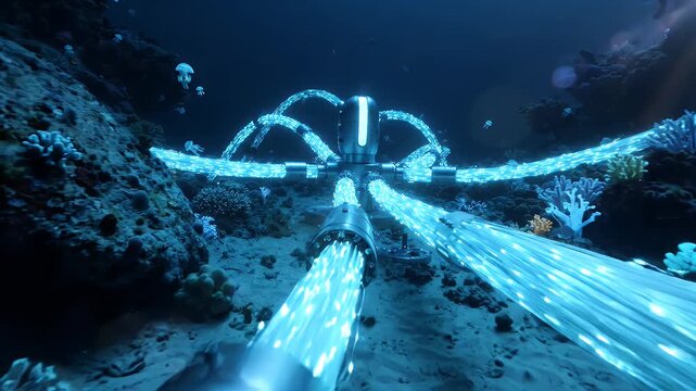 Futuristic underwater network with glowing fiber optic cables connecting to a central hub on the ocean floor, symbolizing advanced data transfer and submarine communication technology