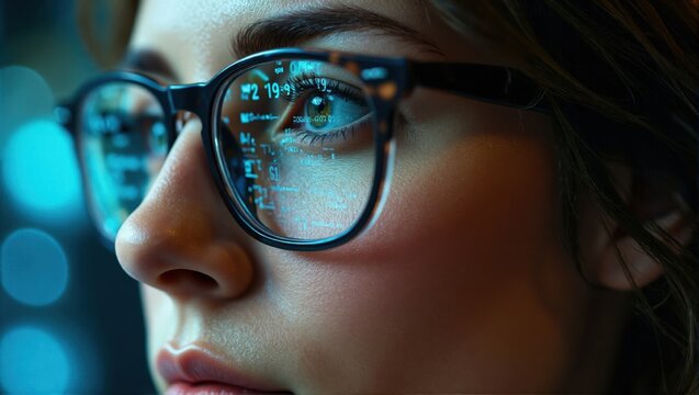 Woman's Face with Alphanumeric Data Reflected in Eyeglasses