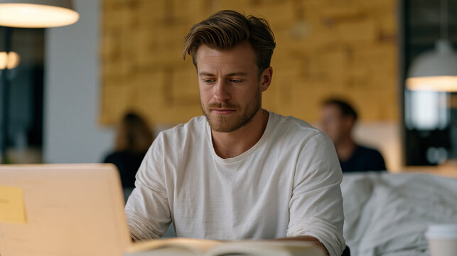 AI search engine product manager reviewing user intent clustering visualization on laptop during standup meeting, post-it covered wall behind team, afternoon light, SEO taxonomy and AI search evolut