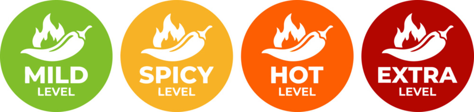 Red Chili Peppers Fire Flames icon. Chili mild level, spicy level, hot level, extra level Label. Hot Spicy green, yellow, orange icons. Logo Spicy. Extra chilli badge. Hand drawn. Vector illustration.