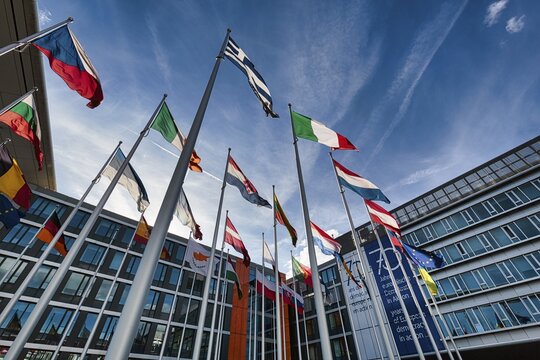 European Parliament, EU Parliament, flags of European countries and flag of the European Union, European Quarter Kirchberg-Plateau, Luxembourg