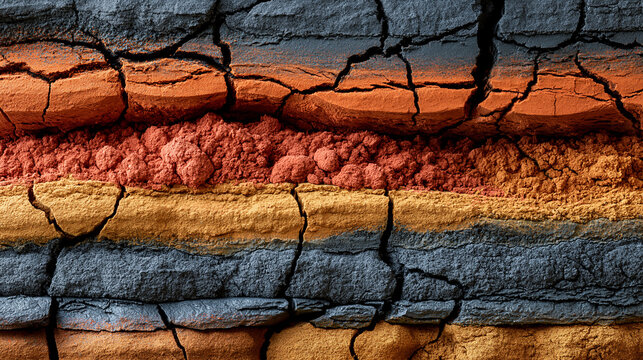 Gros plan de couches compact&eacute;es de poudres min&eacute;rales. Strates g&eacute;ologiques aux tons terre cuite, ocre et gris ardoise avec texture craquel&eacute;e. Effet de s&eacute;dimentation naturelle et organique