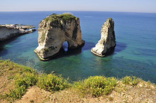 Pigeons Rock, Grotte aux Pigeons, limestone rocks eroded by wind and weather in the Raouche district, Beirut, Lebanon, Middle East, Asia