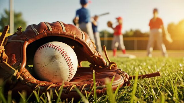 American youth baseball practice with worn glove and ball on sunny field. Classic USA summer scene