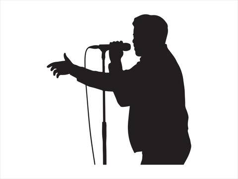 A dynamic black silhouette of a singer or rapper performing with a microphone flat vector isolated illustration design