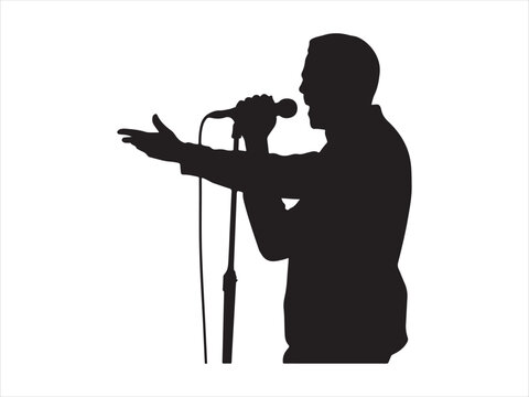 A dynamic black silhouette of a singer or rapper performing with a microphone flat vector isolated illustration design