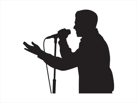 A dynamic black silhouette of a singer or rapper performing with a microphone flat vector isolated illustration design