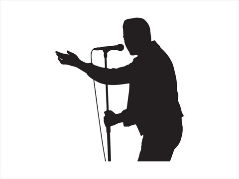 A dynamic black silhouette of a singer or rapper performing with a microphone flat vector isolated illustration design