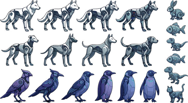 Futuristic Robotic Animal and Bird Character Set with Cybernetic Wolf, Dog, Penguin, Raven, Rabbit, and Fish Vector Illustrations