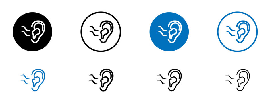 Tinnitus awareness icons set in black and blue colors on white background