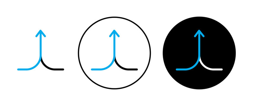Two arrows merging into one icons set in black and blue colors on white background