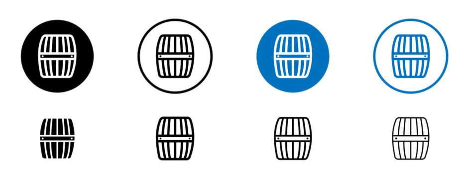 Wooden barrel icons set in black and blue colors on white background