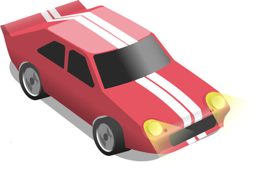 Isometric Stylized red sports car vector illustration with racing stripes and glowing headlights and spinning wheels 