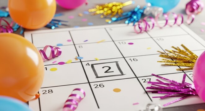 Calendar marked with date 2, surrounded by festive party decorations including confetti, balloons and ribbons, signaling an upcoming celebration or important event.