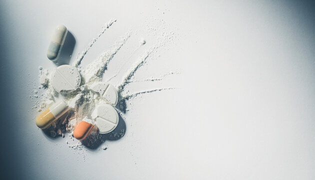 International Day Against Drug Abuse and Illicit Trafficking Scattered broken pills and powder on a clean background, depicting drug abuse challenges