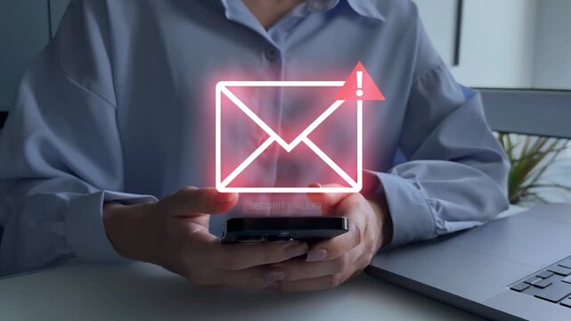 Spam phishing alert on smartphone screen with cybersecurity warning message. Concept of online email fraud, hacker attack, digital protection, mobile security, scam detection and data privacy.