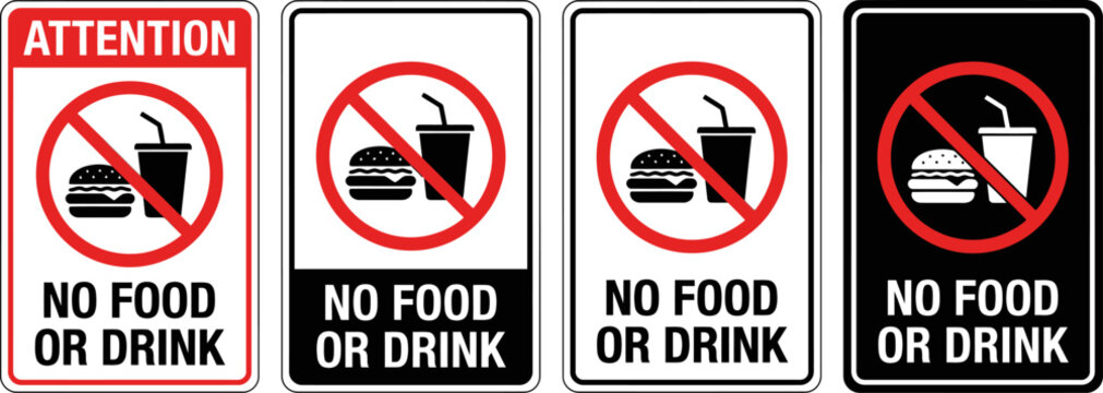 No food or drink allowed sign. No eating or drinking sign. No food or drink logo, label, badge, sticker, symbol, emblem, stamp, banner, circle, black, line, flat vector, isolated illustration.