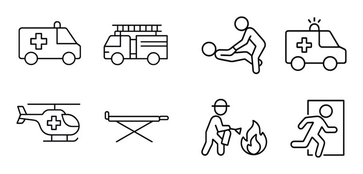 Emergency responders performing rescue in icon set