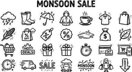 Fototapeta premium Monsoon Sale Icons: Black and White Line Art for Retail and Shopping Promotions