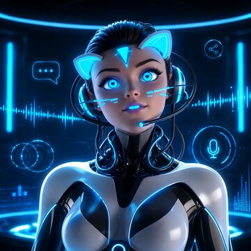 futuristic virtual assistant woman with blue holographic interface