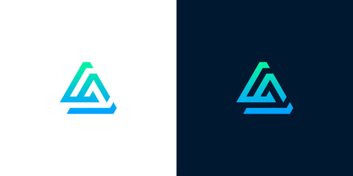 Modern abstract triangular concept logo design, featuring a dynamic blue-green gradient, symbolizing growth, connectivity, and innovation for contemporary business branding