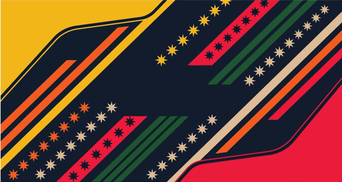 Diagonal stripes and star patterns create a dynamic abstract composition in vibrant colors.