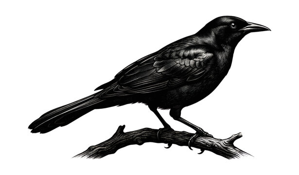 Mezzotint silhouette illustration of Common Grackle Quiscalus quiscula vector wildlife artwork