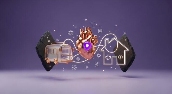 Ultra-Minimalist Luxury Visualization of Floating Universal Basic Services Icons in Velvety Soft Violet Void with Rose Gold Heart, Glass Bus, and Slate House Sculptures