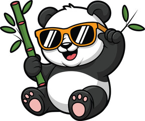 Cute Cartoon Panda Bear Wearing Sunglasses Sitting and Holding Green Bamboo Branch Cheerfully Smiling © NR