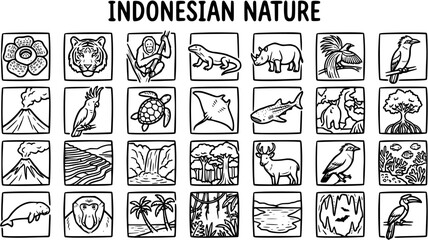 Hand-drawn Black and White Line Art Icon Set of Indonesian Nature, Wildlife, Animals, Plants, and Landscapes for Travel and Education © victoria