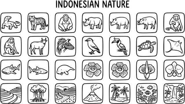 Indonesian Nature and Wildlife Outline Icons Set. Black and White Line Art Glyph Collection depicting Flora, Fauna, and Landscapes.