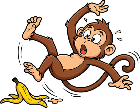 Cute cartoon monkey slipping on a yellow banana peel vector illustration isolated on white background with expressive funny face.
