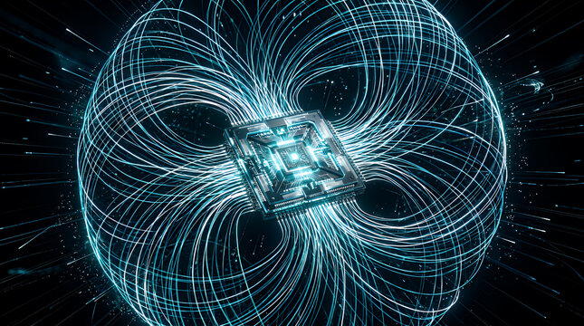 Microchip sits firmly inside a spherical electromagnetic field of light, visualizing the core architecture of artificial intelligence and complex data processing in a hyper-connected digital system.