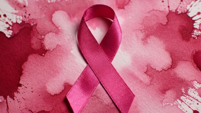 Pink ribbon for breast cancer awareness on red watercolor background