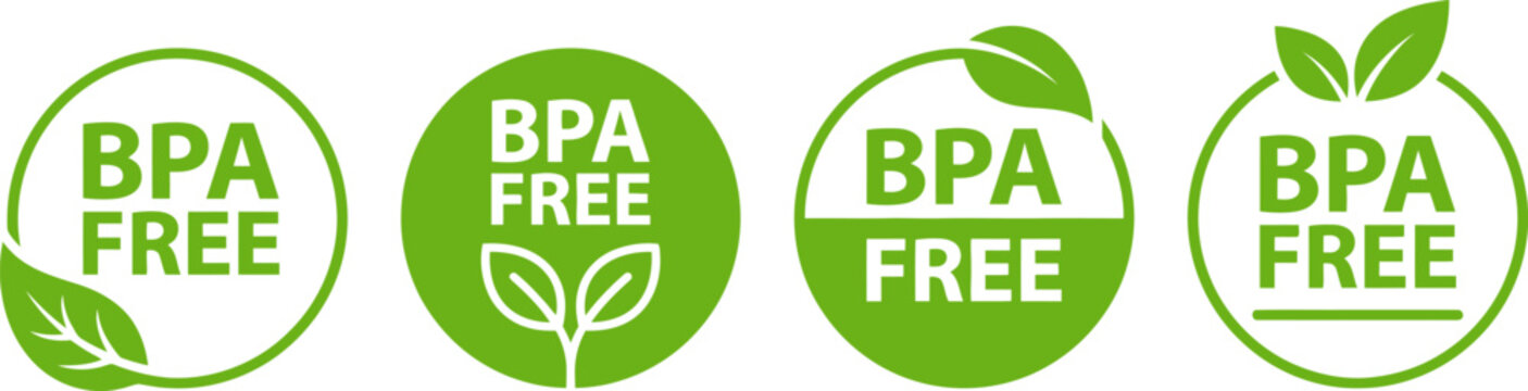 BPA free icon set, label, logo, circle, badge, green, sticker, emblem, symbol, line, flat vector, isolated illustration. Eco friendly icons. 100% natural, bio, organic, vegan food labels product.