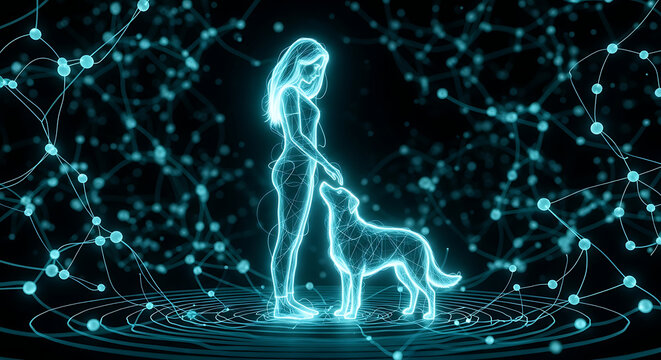 Futuristic digital woman and dog wireframe bond in cyber network