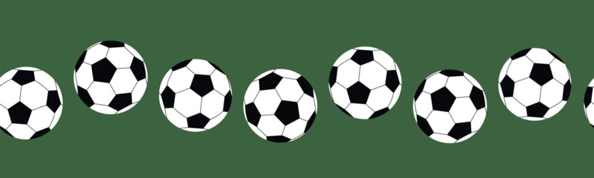 Seamless repeating border featuring classic black and white soccer ball on dark green background. Geometric graphic pattern for sports page dividers, frames, and margins
