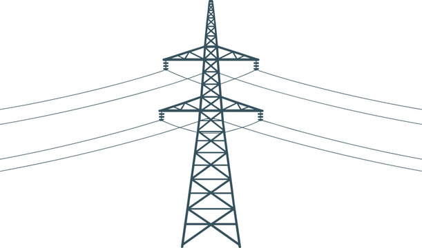 High voltage power line pylon tower vector illustration with overhead transmission grid cables isolated on white background.