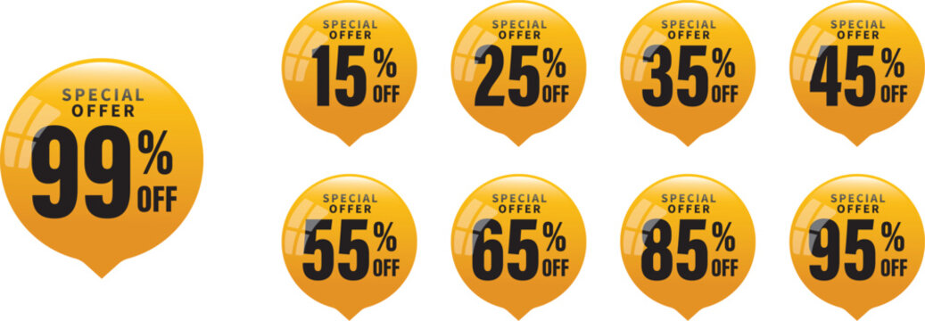 Special Offer Discount Stickers 25%. 15, 25, 35, 45, 55, 65, 85, 95 percent. Black and Yellow Labels, Banner template design for business, promotion, sales, and advertising. Vector illustration.