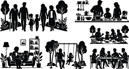 Multigenerational family activities silhouette collection vector illustration featuring indoor and outdoor daily life scenes isolated on white background.