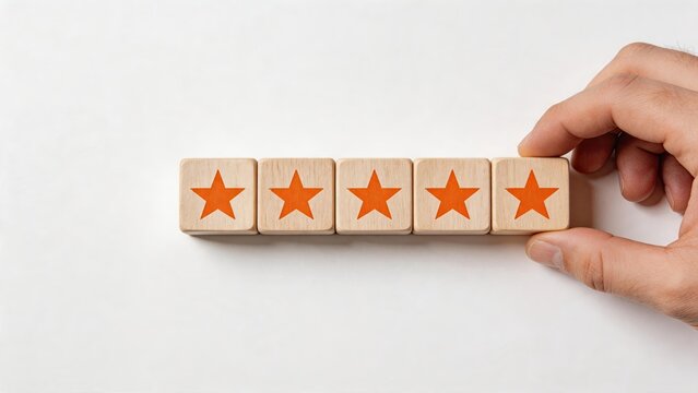 Five star rating concept with wooden blocks, customer satisfaction survey result, excellent service quality feedback and top score evaluation for business reputation and review