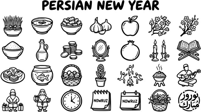 Persian New Year Icons Set - Nowruz Symbols, Line Art Vector Collection