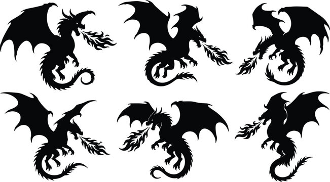 Mythical flying fire breathing dragon silhouettes collection set vector illustration isolated on clean flat white background.